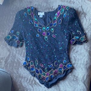 Laurence Kazar Black Blouse with Jewel Embellishments